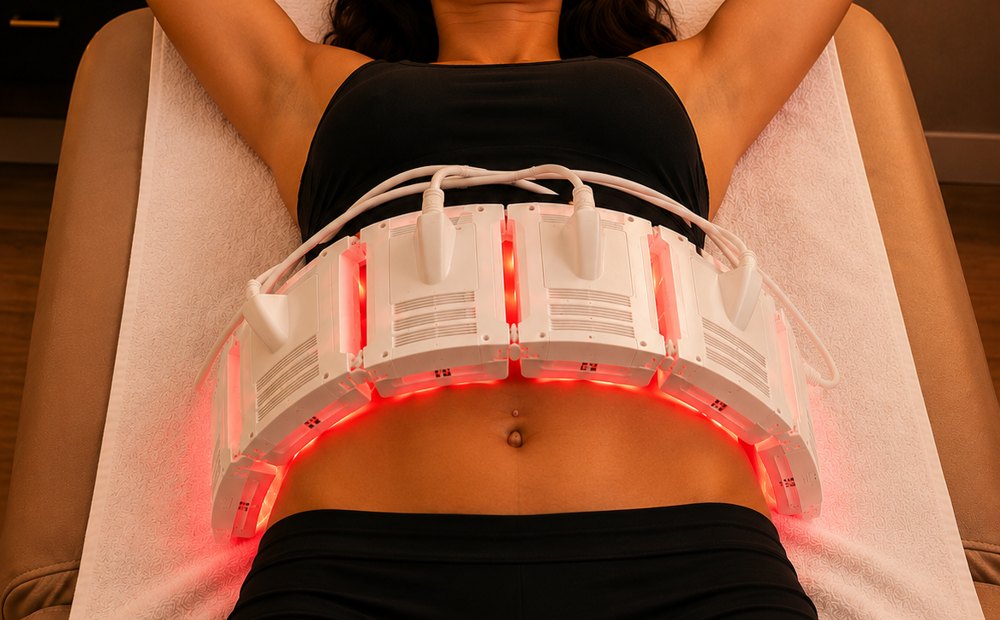 InvisaRED pads in place during a red light body contouring session, a service offered in Bowie, MD