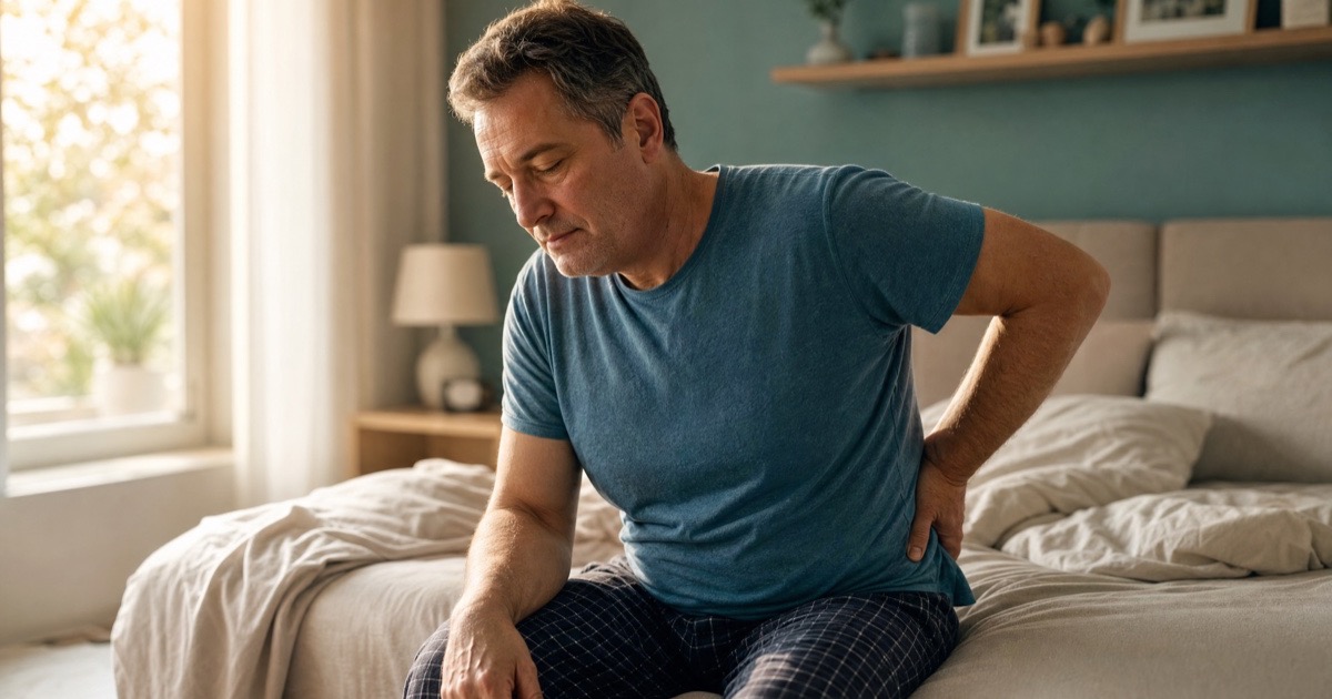A man sitting on the edge of his bed in morning light with his hand on his lower back, a familiar pattern for recurring back pain patients in Bowie, MD